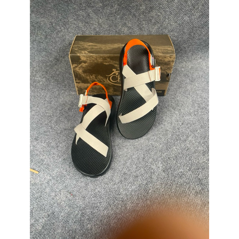Sandal dây trắng kem gót cam