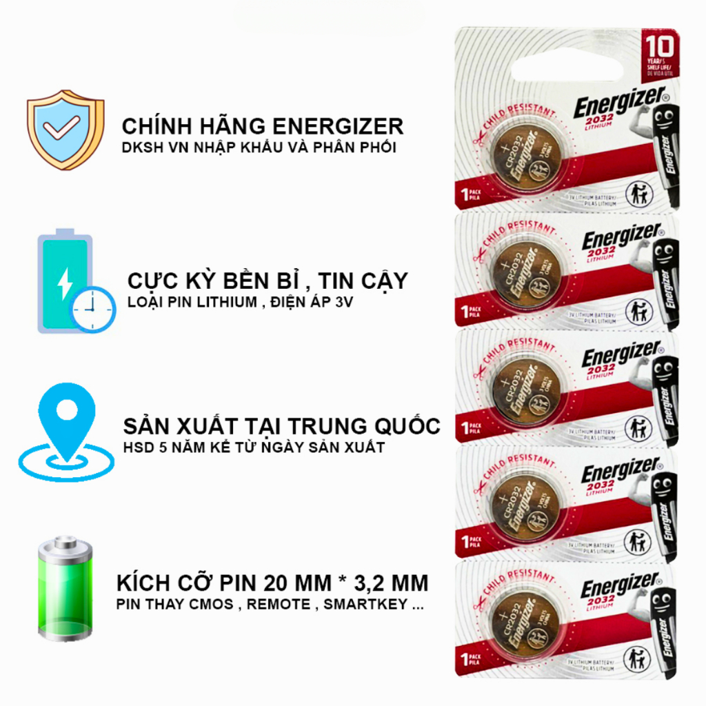 Pin Cúc Áo Energizer Lithium CR2032 TS1x5 - Vỉ 5 Viên Pin 3V lắp cho đồng hồ, smartkey, máy tính.