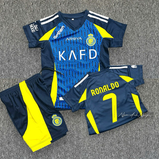 Áo đá banh trẻ em, Bộ đồ đá banh clb Alnassr màu xanh in sẵn cr7
