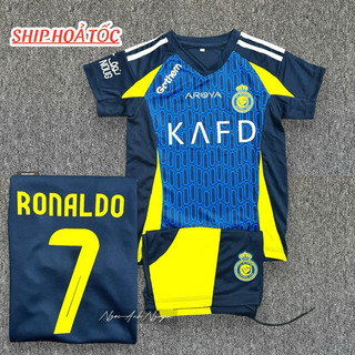Áo đá banh trẻ em, Bộ đồ đá banh clb Alnassr màu xanh in sẵn cr7