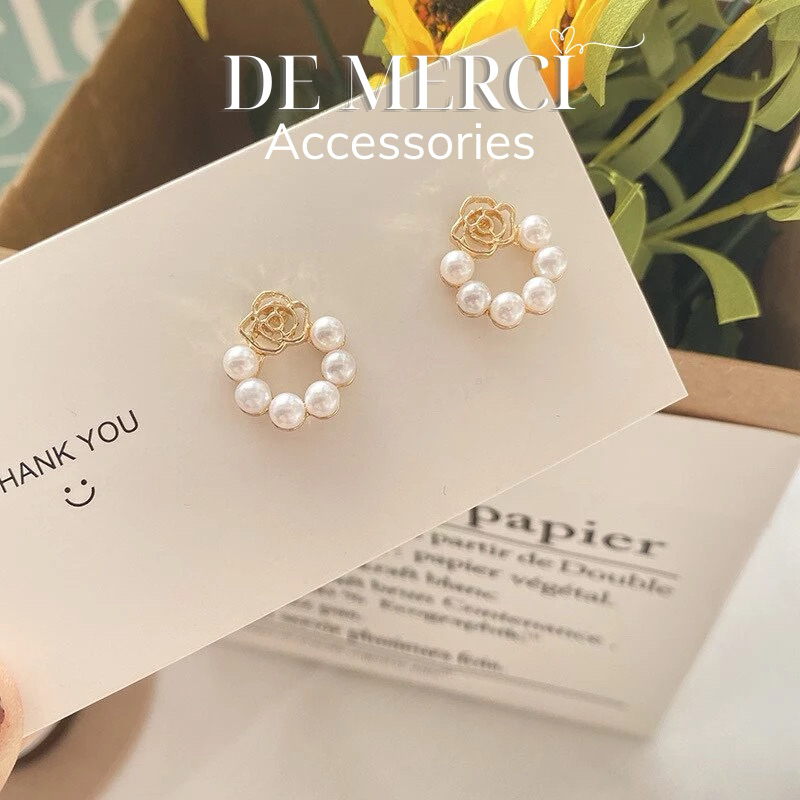 Khuyên tai nữ bạc 925 DE MERCI ACCESSORIES hình Hoa kèm ngọc trai phụ kiện trang sức nữ cá tính BT