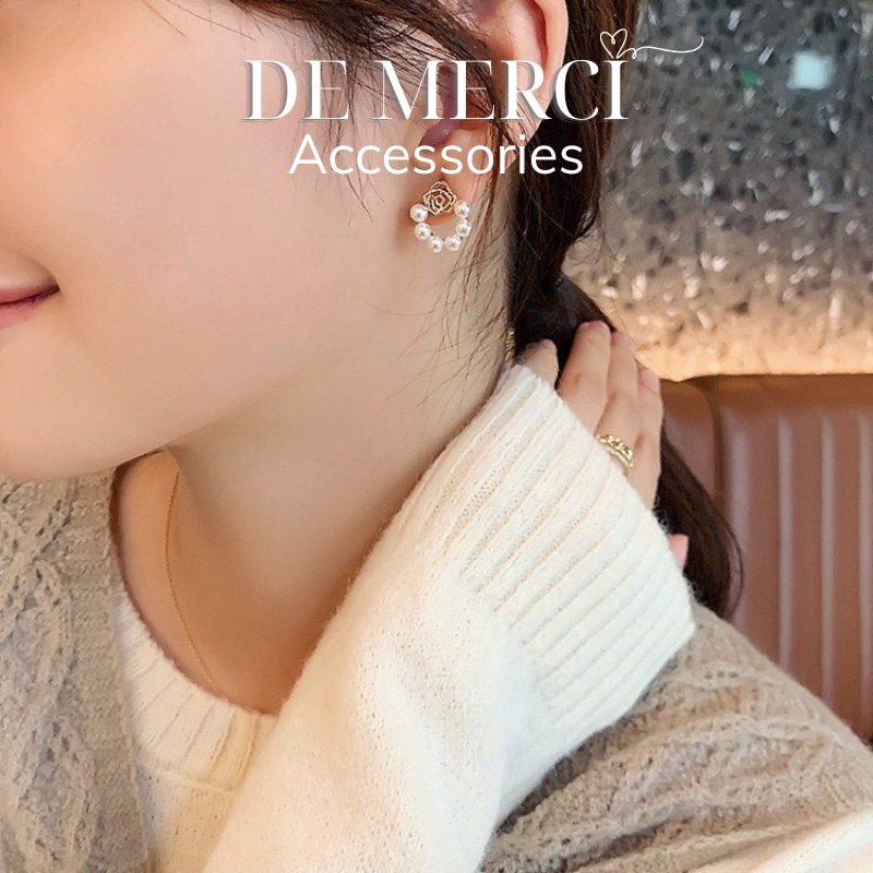 Khuyên tai nữ bạc 925 DE MERCI ACCESSORIES hình Hoa kèm ngọc trai phụ kiện trang sức nữ cá tính BT