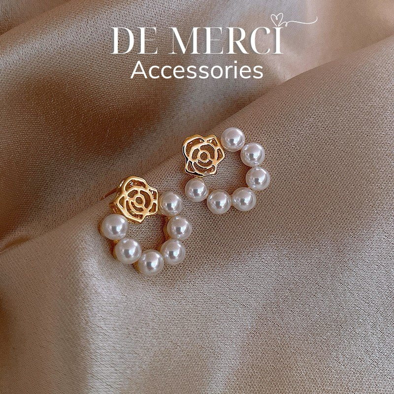 Khuyên tai nữ bạc 925 DE MERCI ACCESSORIES hình Hoa kèm ngọc trai phụ kiện trang sức nữ cá tính BT