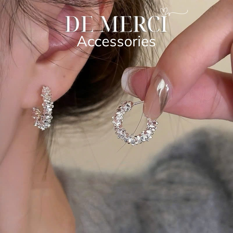 Khuyên tai nữ chuôi bạc 925 DE MERCI ACCESSORIES tròn phủ bóng phụ kiện trang sức nữ cá tính BT
