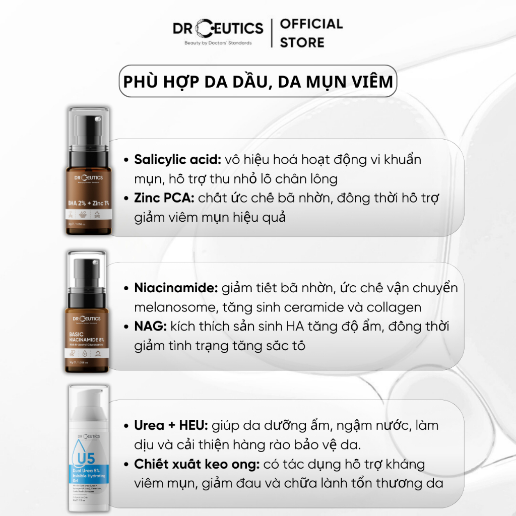 Ảnh Bộ Chăm Sóc Da Dầu, Mụn Viêm -BHA 2% + Zinc PCA 1% (30g) + Niacinamide 8% (30g) + Gel Dưỡng Ẩm Dual Urea 5% (50g) 3