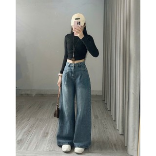 247Store - Quần jeans xuông ly trước màu xanh dáng dài Quanjean9304