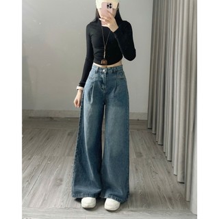247Store - Quần jeans xuông ly trước màu xanh dáng dài Quanjean9304