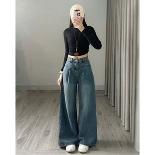 247Store - Quần jeans xuông ly trước màu xanh dáng dài Quanjean9304