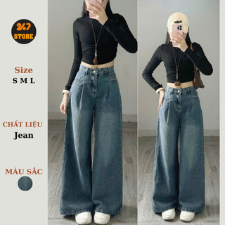 247Store - Quần jeans xuông ly trước màu xanh dáng dài Quanjean9304
