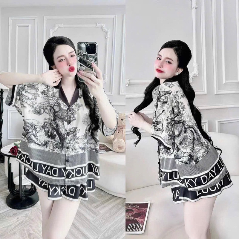 (45-75kg) Đồ ngủ Đùi tay dơi pijama lụa Latin nút bọc mềm mát