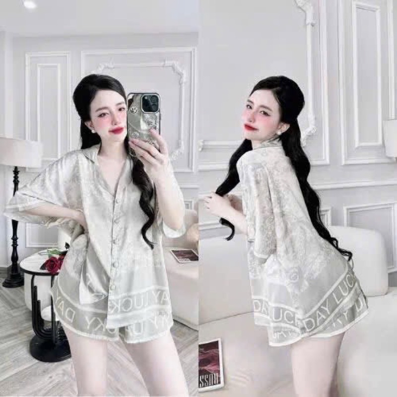 (45-75kg) Đồ ngủ Đùi tay dơi pijama lụa Latin nút bọc mềm mát