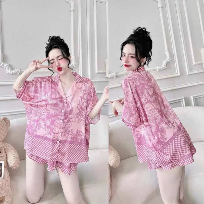 (45-75kg) Đồ ngủ Đùi tay dơi pijama lụa Latin nút bọc mềm mát