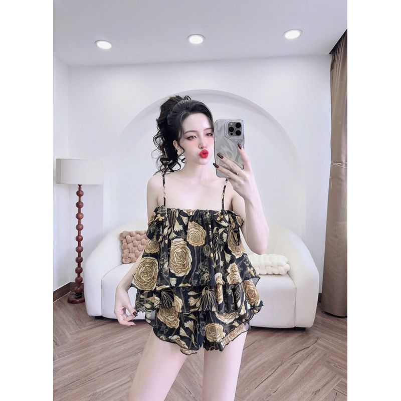 (40-58kg) đồ bộ nữ- set ngủ 2 dây vải voan chiffon 2 tầng dễ thương