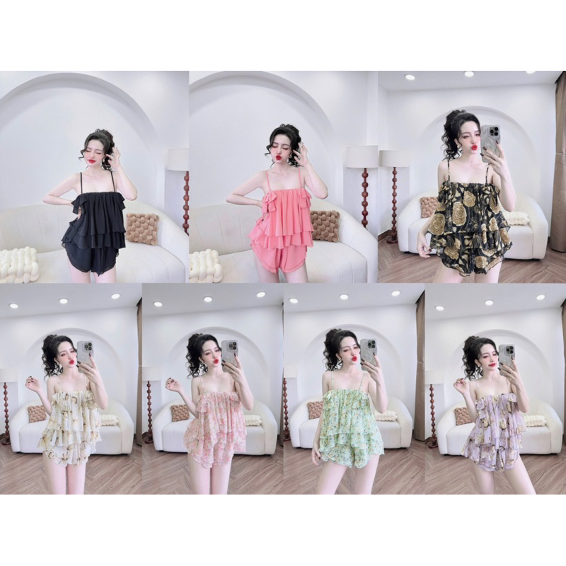 (40-58kg) đồ bộ nữ- set ngủ 2 dây vải voan chiffon 2 tầng dễ thương