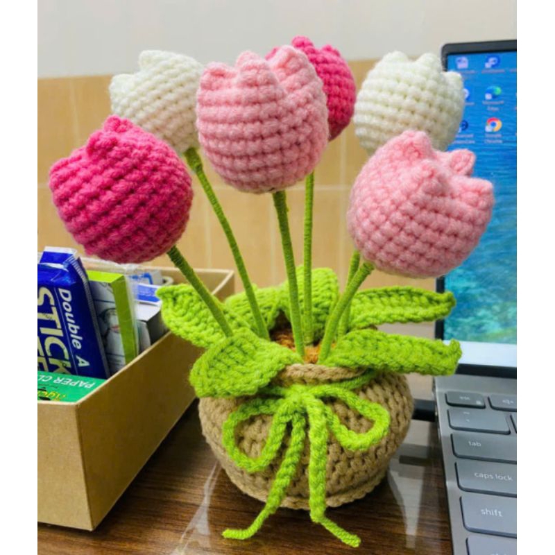 Chậu Hoa Tulip Len , Chậu Hoa Len Handmade