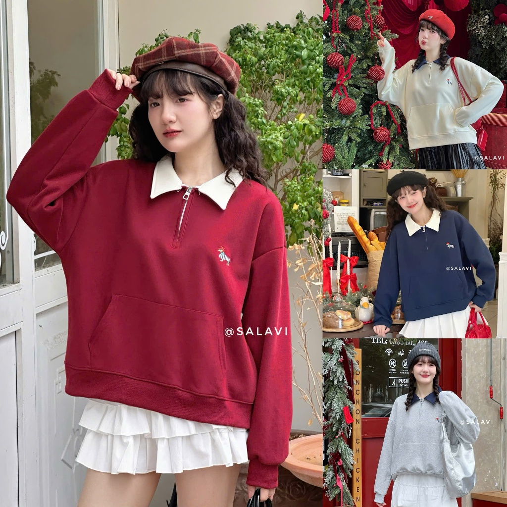Áo sweater nỉ cổ bé phối khóa kéo thêu hình cún mini, áo nỉ cổ polo ...