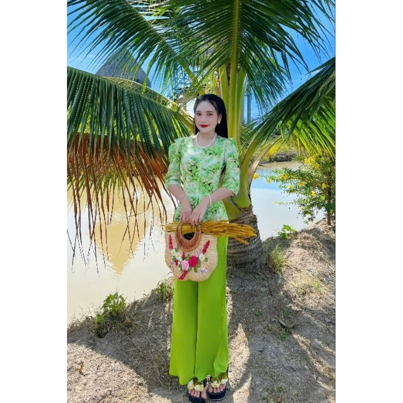 Đồ bà ba cổ vuông đính ngọc chất lụa loại 1 mặc đi chùa, đi chơi from chuẩn tôn dáng miền tây
