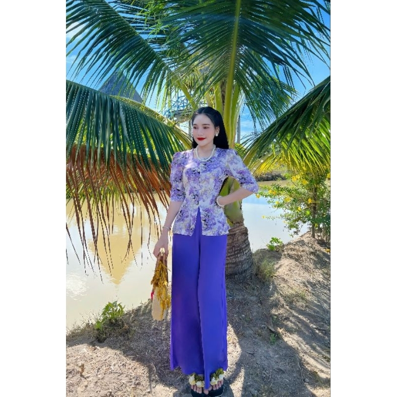 Đồ bà ba cổ vuông đính ngọc chất lụa loại 1 mặc đi chùa, đi chơi from chuẩn tôn dáng miền tây