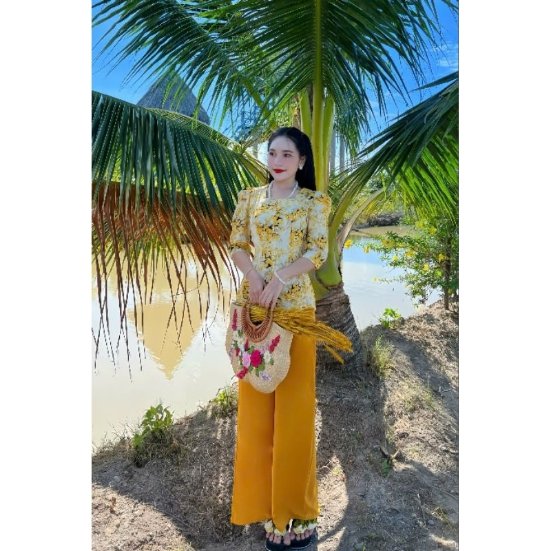 Đồ bà ba cổ vuông đính ngọc chất lụa loại 1 mặc đi chùa, đi chơi from chuẩn tôn dáng miền tây