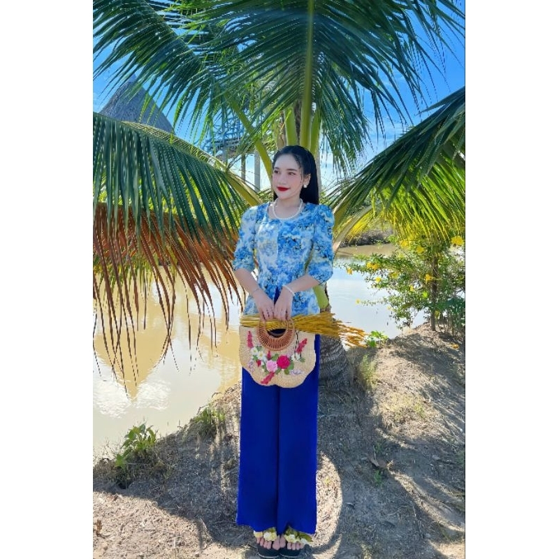 Đồ bà ba cổ vuông đính ngọc chất lụa loại 1 mặc đi chùa, đi chơi from chuẩn tôn dáng miền tây