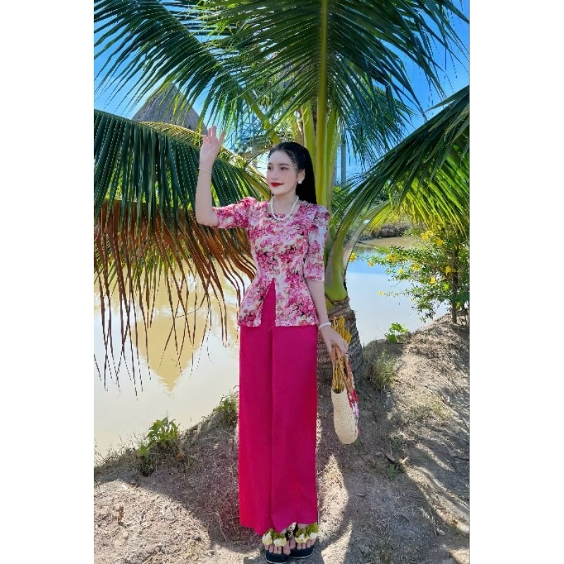 Đồ bà ba cổ vuông đính ngọc chất lụa loại 1 mặc đi chùa, đi chơi from chuẩn tôn dáng miền tây