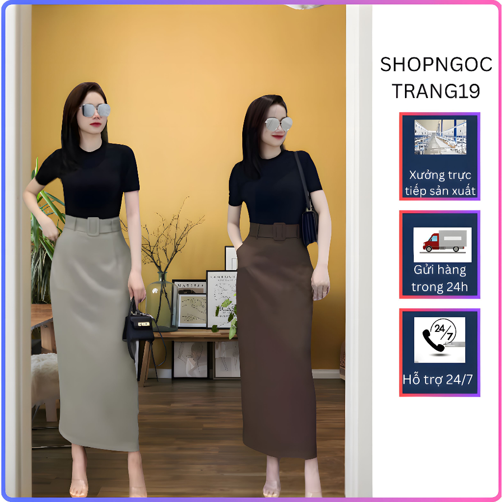Chân Váy A Suông Dáng Dài 88cm Phối Đai Vải Theo Màu Tạo Điểm Nhấn SHOPNGOCTRANG19 Mã 56