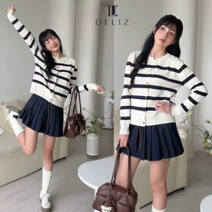 Áo cardigan dài tay cổ tròn len lông thỏ phối sọc cho nữ thời trang thu đông DELIZ cao cấp CD843