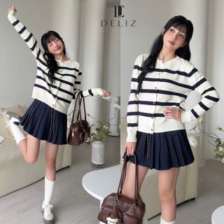 Áo cardigan dài tay cổ tròn len lông thỏ phối sọc cho nữ thời trang thu đông DELIZ cao cấp CD843