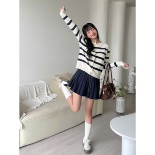 Áo cardigan dài tay cổ tròn len lông thỏ phối sọc cho nữ thời trang thu đông DELIZ cao cấp CD843