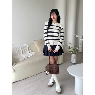 Áo cardigan dài tay cổ tròn len lông thỏ phối sọc cho nữ thời trang thu đông DELIZ cao cấp CD843