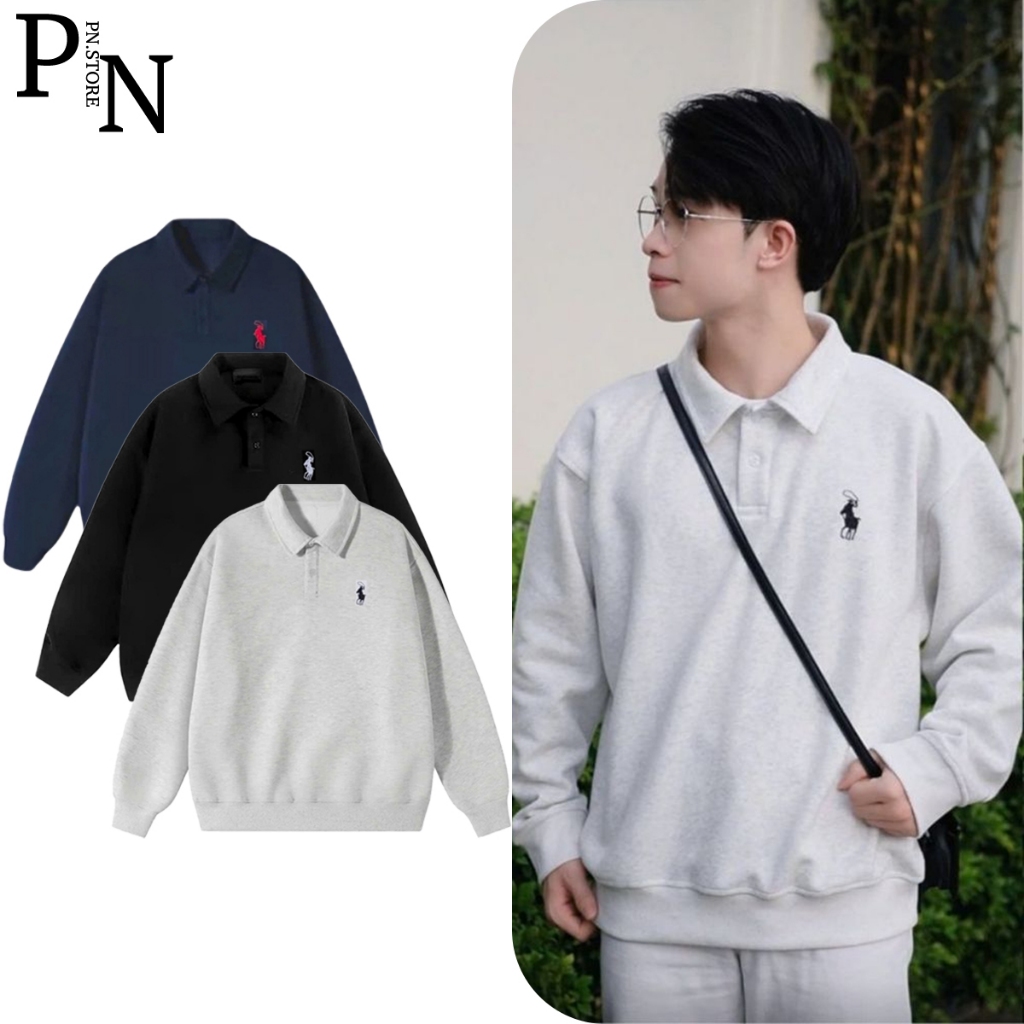 Áo Sweeter Polo Nam Nữ Form Suông Vải Nỉ Cotton 2 Da Cổ Bẻ 3 Màu Đen ...