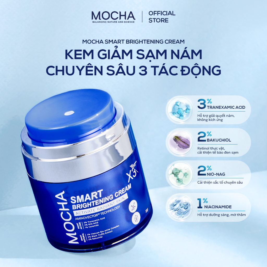 Kem Giảm Sạm Nám Chuyên Sâu Mocha Smart Brightening Cream 30gr Tặng 2 Sữa Rửa Mặt 25ml