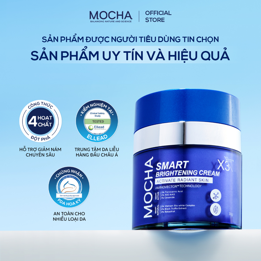 Kem Giảm Sạm Nám Chuyên Sâu Mocha Smart Brightening Cream 30gr Tặng 2 Sữa Rửa Mặt 25ml