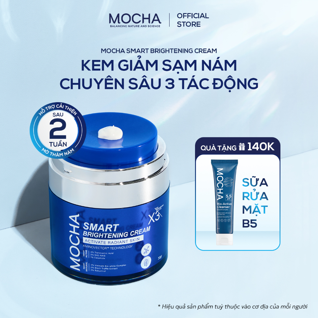 Kem Giảm Sạm Nám Chuyên Sâu Mocha Smart Brightening Cream 30gr Tặng 2 Sữa Rửa Mặt 25ml