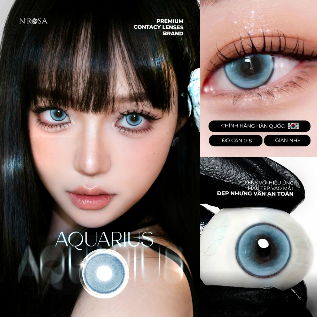 Ảnh Lens xanh có độ cận 0-8 Aquarius N'Rosa cho mắt thở cao cấp Angel Eyes phân phối, kính giãn tròng xanh có viền 14.5mm 1