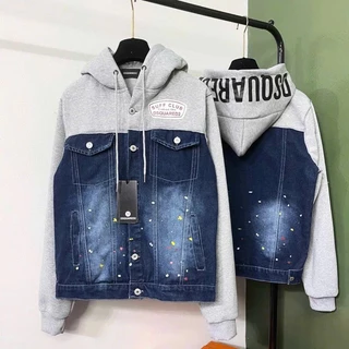 Áo khoác bò có mũ nam nữ DSQ denim xanh bạc vảy sơn phối ghép nỉ xám in chữ mũ 2 lớp boy phố hot nhất 2025