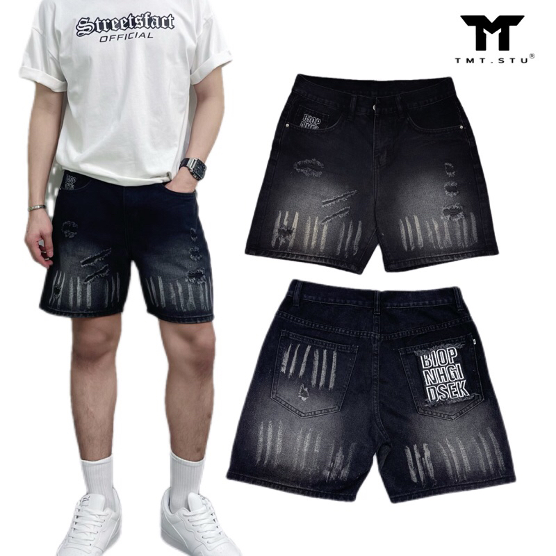 SHORT JEANS ĐEN WASH THÊU TÚI SAU - FROM TRÊN GỐI THỜI TRANG UNISEX NAM NỮ | TMTD29