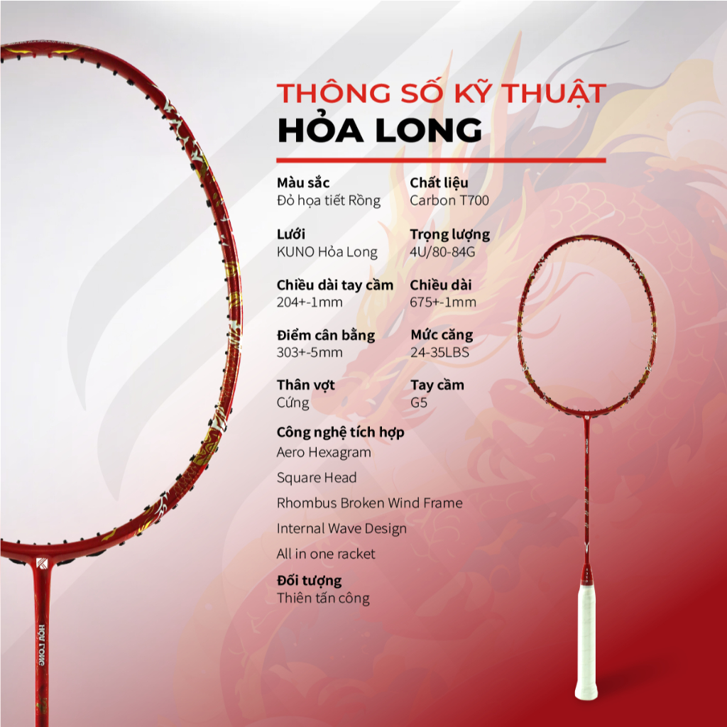 Ảnh Vợt cầu lông KUNO Hỏa Long Thiên Công, Hàng Chính Hãng,4U, Thân Cứng, CarbonT700 Cao Cấp 2