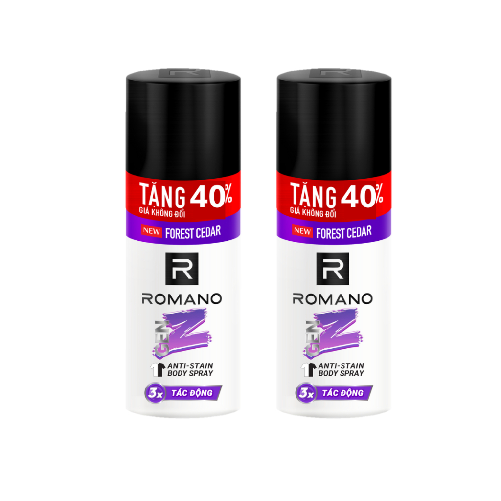 [Tặng 40% dung tích] Combo 2 Xịt khử mùi cho nam ngăn vệt ố vàng Romano Gen Z (196ml x 2)