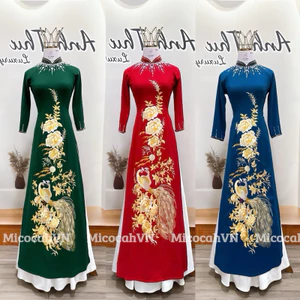 Áo dài mẹ sui, áo dài thêu uyên ương vải lụa mango đính kết đá và pha lê cao cấp AD01
