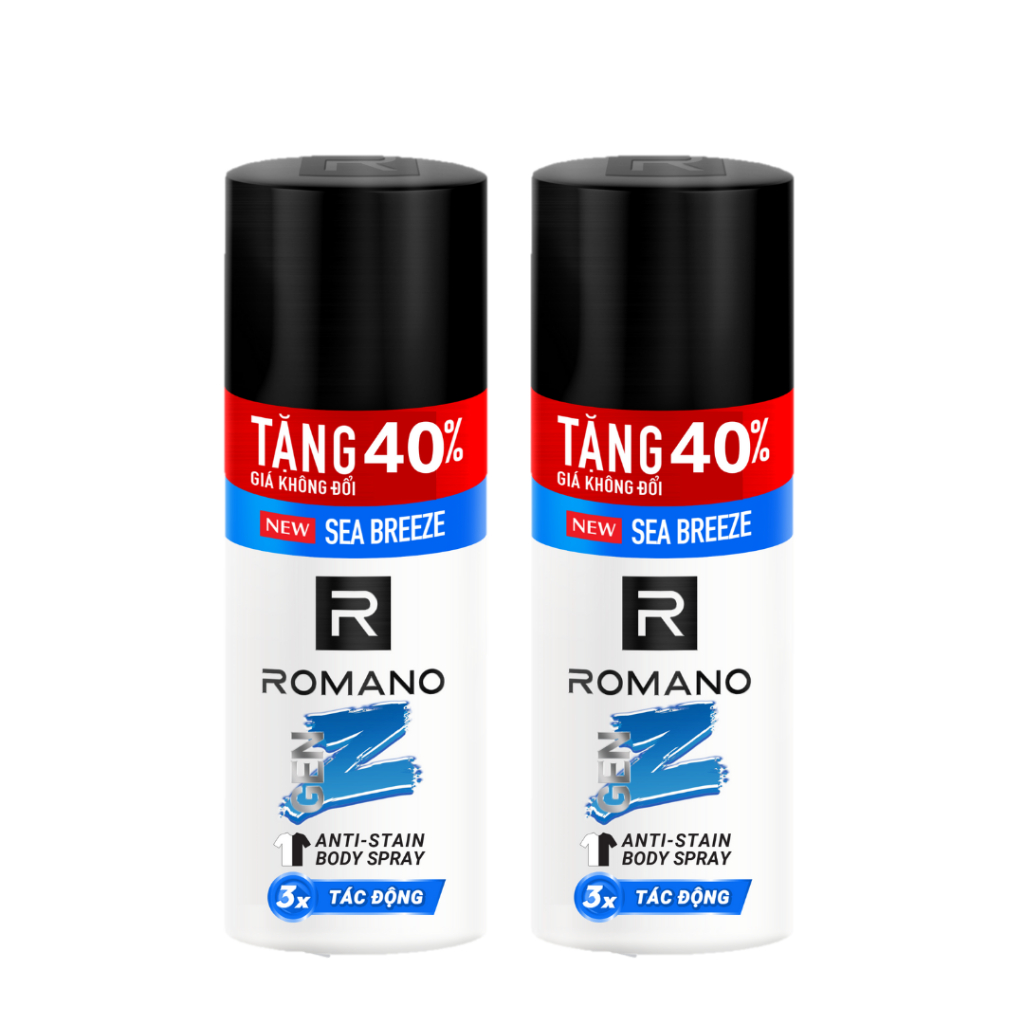 [Tặng 40% dung tích] Combo 2 Xịt khử mùi cho nam ngăn vệt ố vàng Romano Gen Z (196ml x 2)