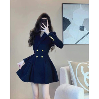 Váy liền form Vest màu xanh đen hnagf thiết kế thời trang cao cấp Eva_hamichi