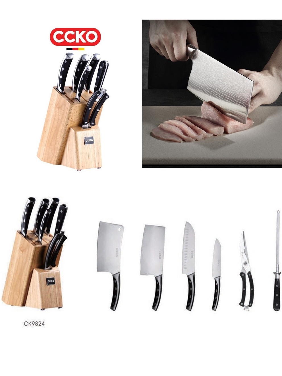 Bộ dao inox 7 món giá cắm dao bằng gỗ, cán dao vân tròn CCKO | Shopee ...