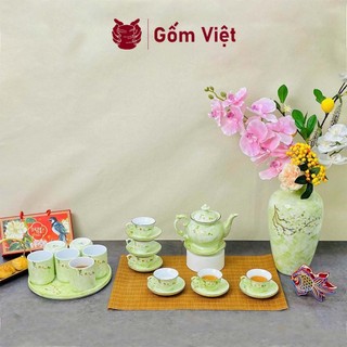 Bộ ấm chén vân đá dáng cát tường đắp nổi thủ công cành mậm cao cấp - Gốm sứ Bát Tràng - Gốm Việt