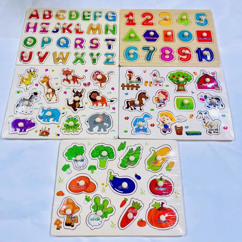 COMBO 5 Bảng ghép hình núm gỗ cho bé, đồ chơi lắp ghép trí tuệ