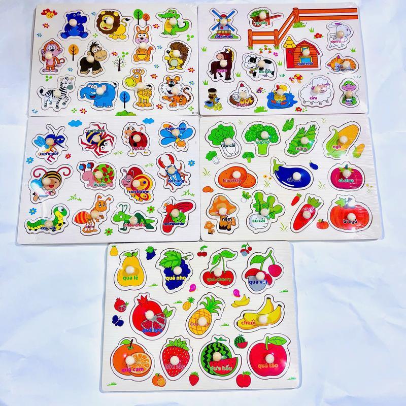 COMBO 5 Bảng ghép hình núm gỗ cho bé, đồ chơi lắp ghép trí tuệ