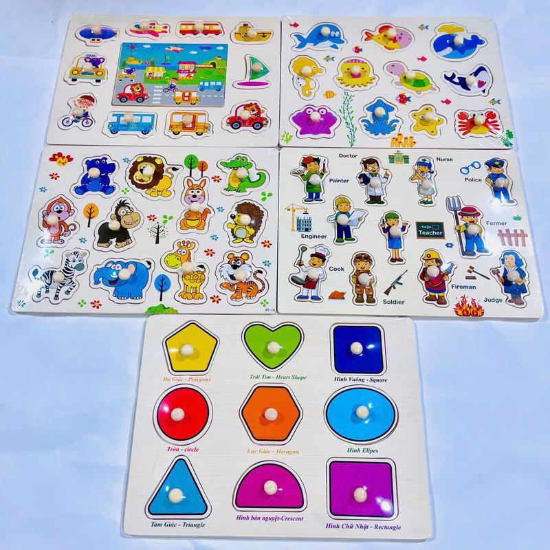 COMBO 5 Bảng ghép hình núm gỗ cho bé, đồ chơi lắp ghép trí tuệ