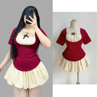 Set Bộ Bigsize Nữ (CÓ LẺ ÁO VÁY) Áo Tiểu Thư Tay Ngắn Phối Ren Kèm Chân Váy Bí Bồng Noel Tết SET948