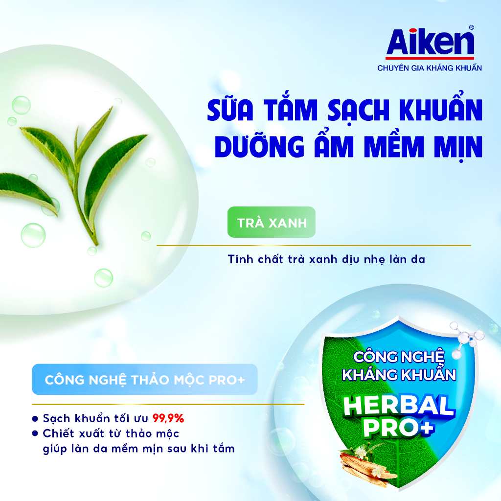 Combo 2 Sữa tắm sạch khuẩn Aiken thảo mộc dưỡng ẩm mềm mịn/ ngừa mụn sáng da (845g x 2)
