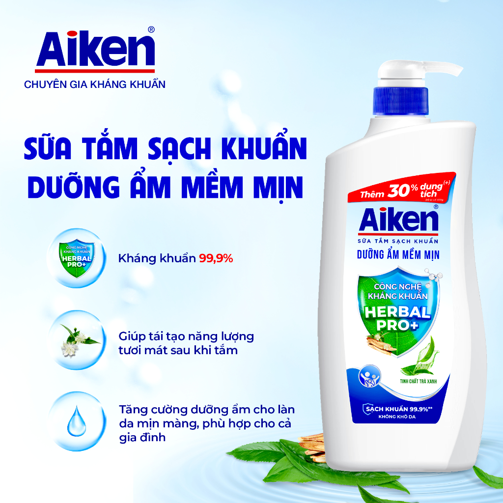 Combo 2 Sữa tắm sạch khuẩn Aiken thảo mộc dưỡng ẩm mềm mịn/ ngừa mụn sáng da (845g x 2)
